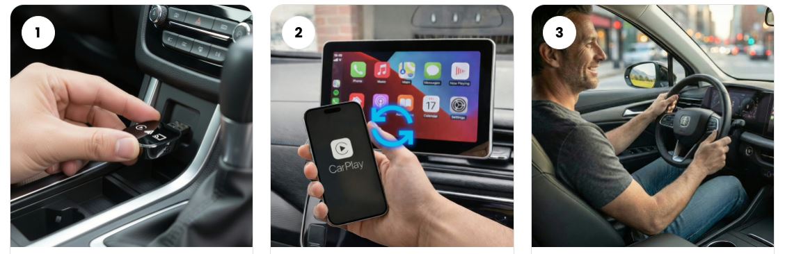 Three steps: plug DrivePair into the USB port, pair your phone, drive wirelessly